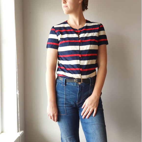 Vintage 1960s R&K Originals Red Blue Striped Knit Boucle Jacket - Picture 1 of 8